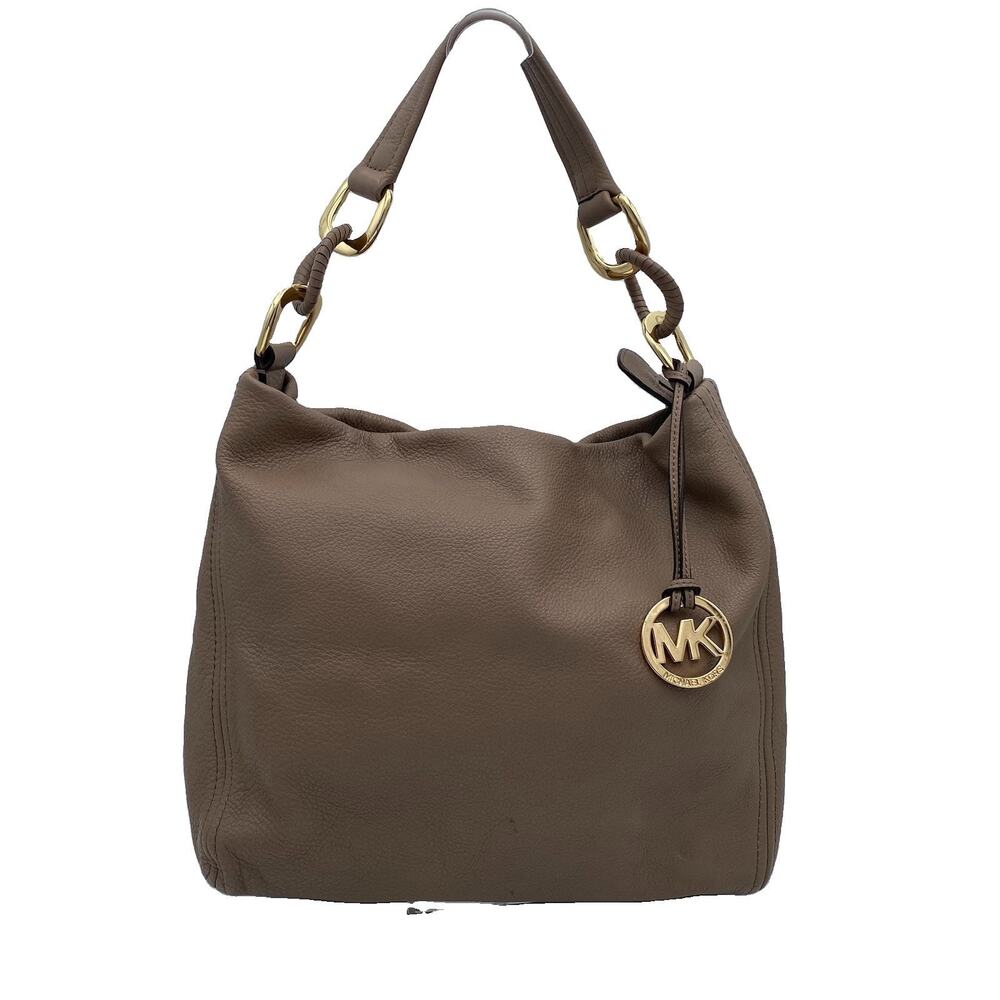 Michael Kors Taupe Hobo Shoulder Bag Soft Pebbled Leather Gold Chain Hardware